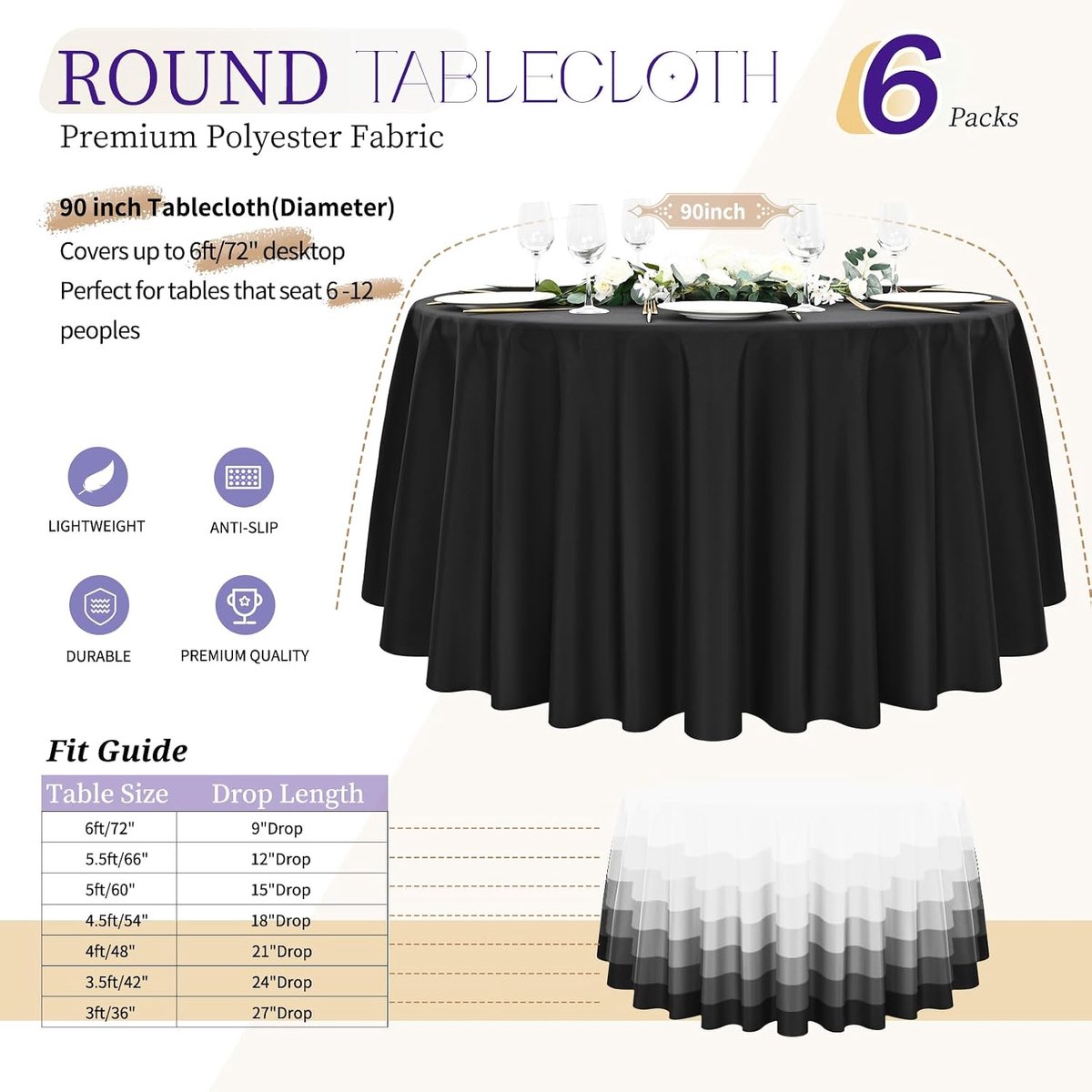 tafelkleed van polyester, diameter 228 cm, voor tafels met een diameter van 90-180 cm, waterdicht, wasbaar tafelkleed voor bruiloft, feest, buffet, camping, restaurant, set van 6 stuks, zwart