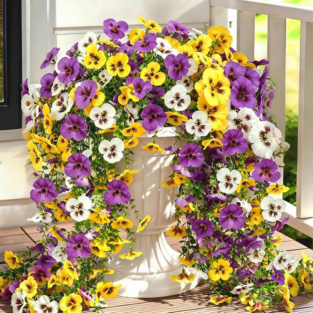 2 stuks kunstmatige hangende bloemen viooltje UV-bestendige kunstplanten outdoor viooltje realistische nepbloemen voor veranda patio balkon hek tuin tuin bruiloft decor (paars-rood+geel+wit