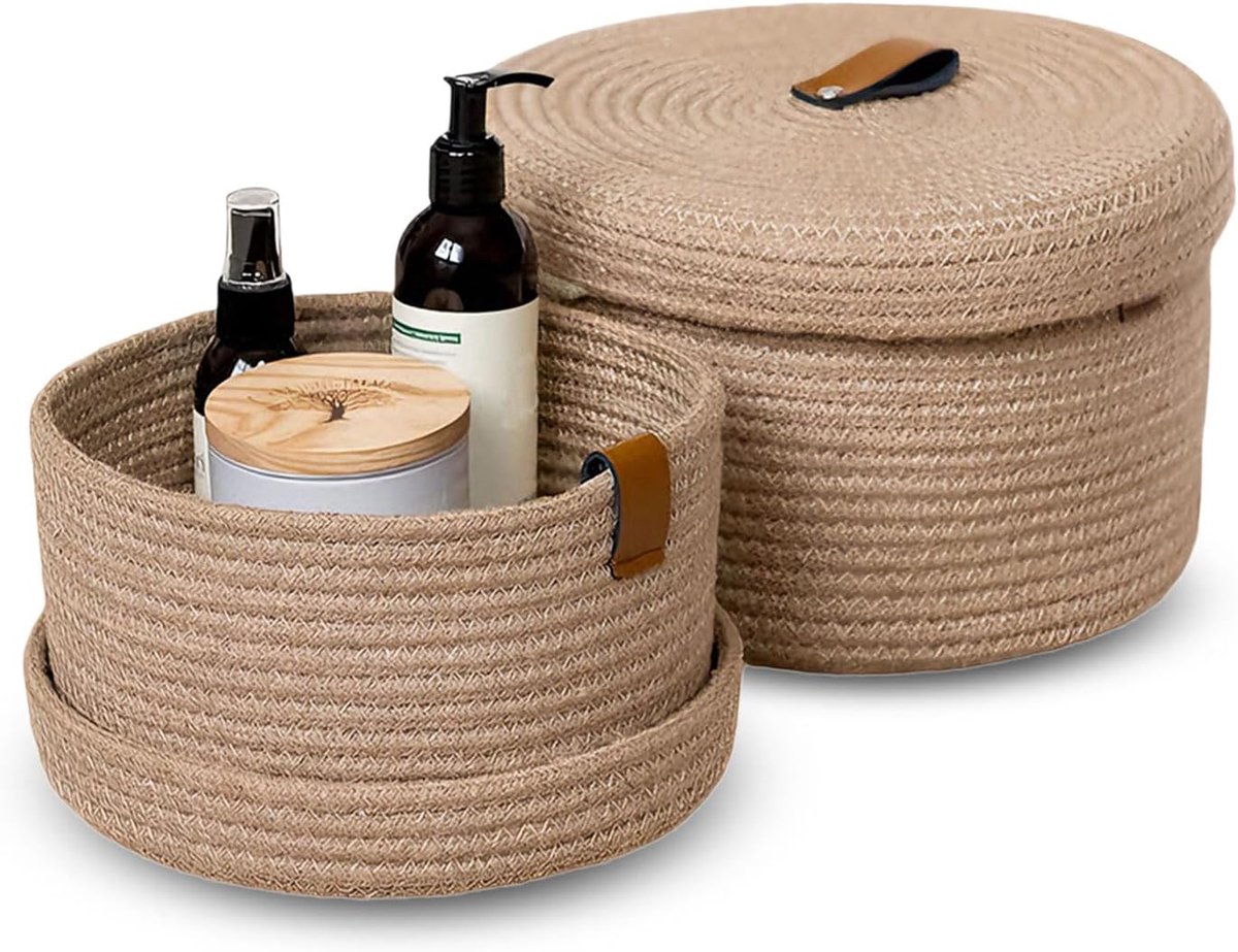 Opslagmanden met deksel set van 2 - ronde katoen - decoratief met leren handvatten - multifunctioneel voor slaapkamer - ShopVlot