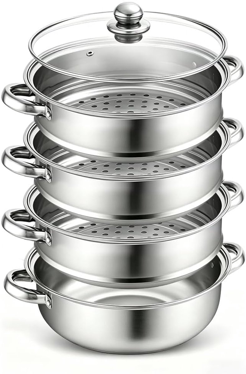 Stoompan 28 cm - RVS stoompan met stoominzet - 3/4 lagen - Gezond stomen van groenten en vis - ShopVlot
