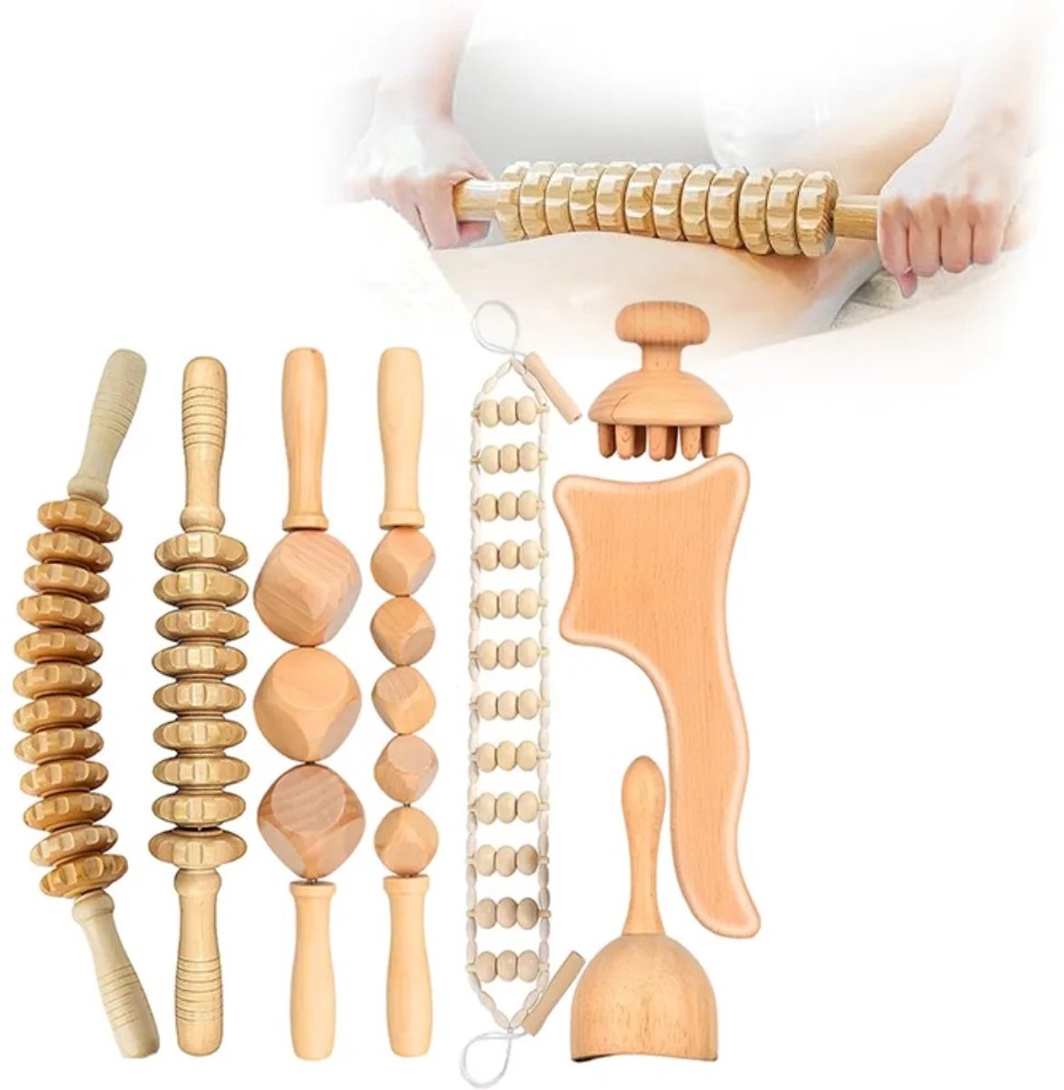 MV labels - Massageroller - Tools - Massage instrument - 8 verschillende - Cellulitis / spierpijn - Hout