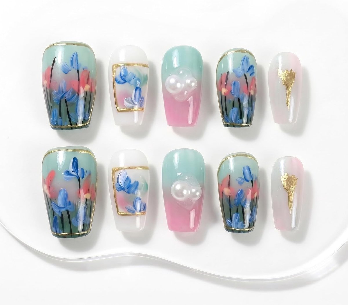 Nepnagels Medium Lang Coffin Ballerina - Groene Bloemen Schildering - 3D Ontwerp met Opbergtas - Perfect voor Feestjes - ShopVlot