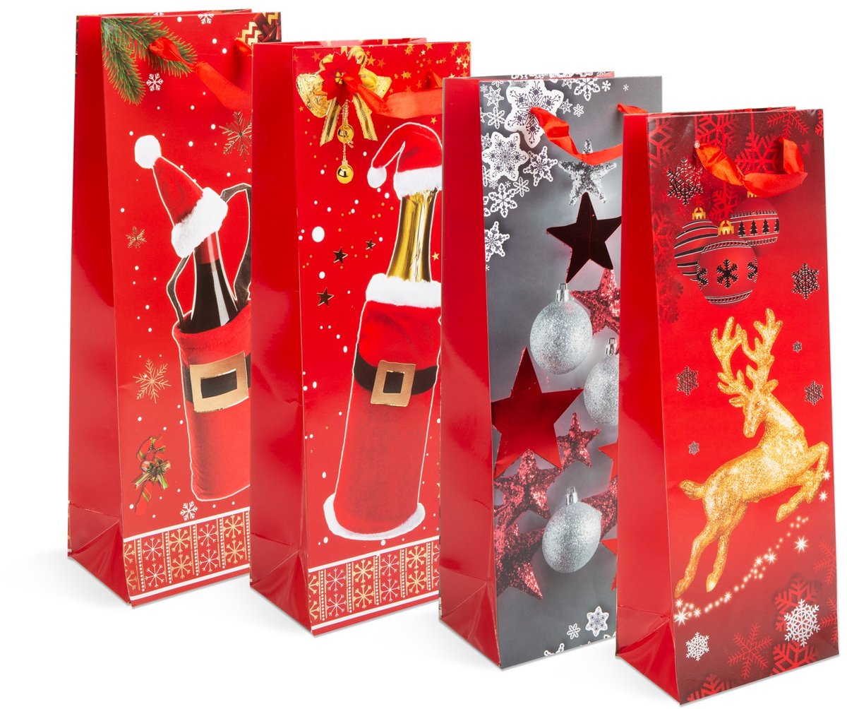 Flessentas Cadeau - Papieren Gift Bag voor Drankflessen - papier, Kerstmis - 360 x 127 x 83 mm - 4 soorten / verpakking 12 Stuks [57108K]