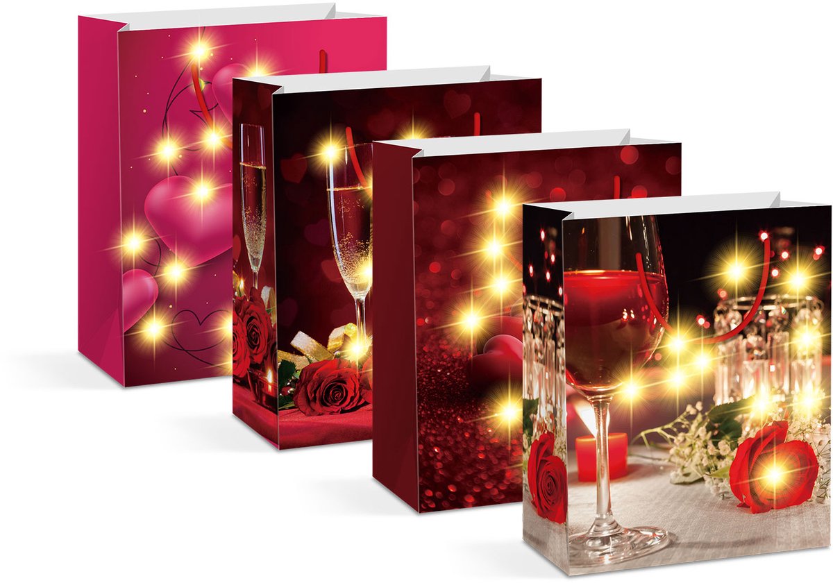 Cadeauzakje - 10 warmwitte LED's, papier - 265 x 127 x 330 mm - 4 soorten / verpakking 12 Stuks [58322]