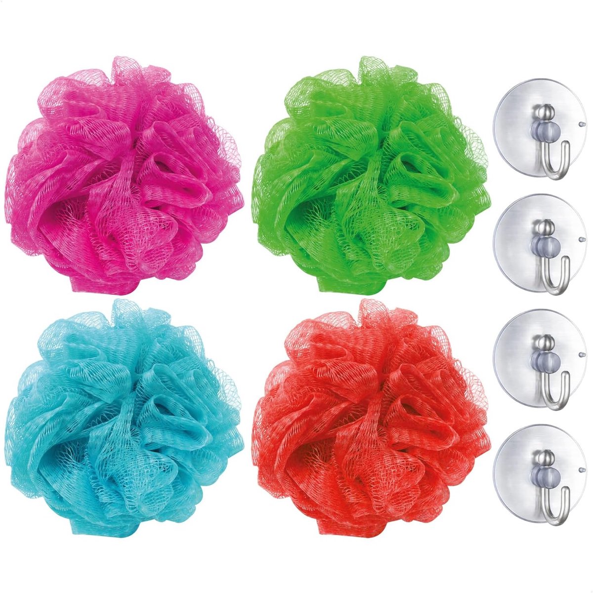 Douche spons set 8-delig - 4 x douche spons en 4 zuignap haken - huidvriendelijk en verzorgend - ShopVlot