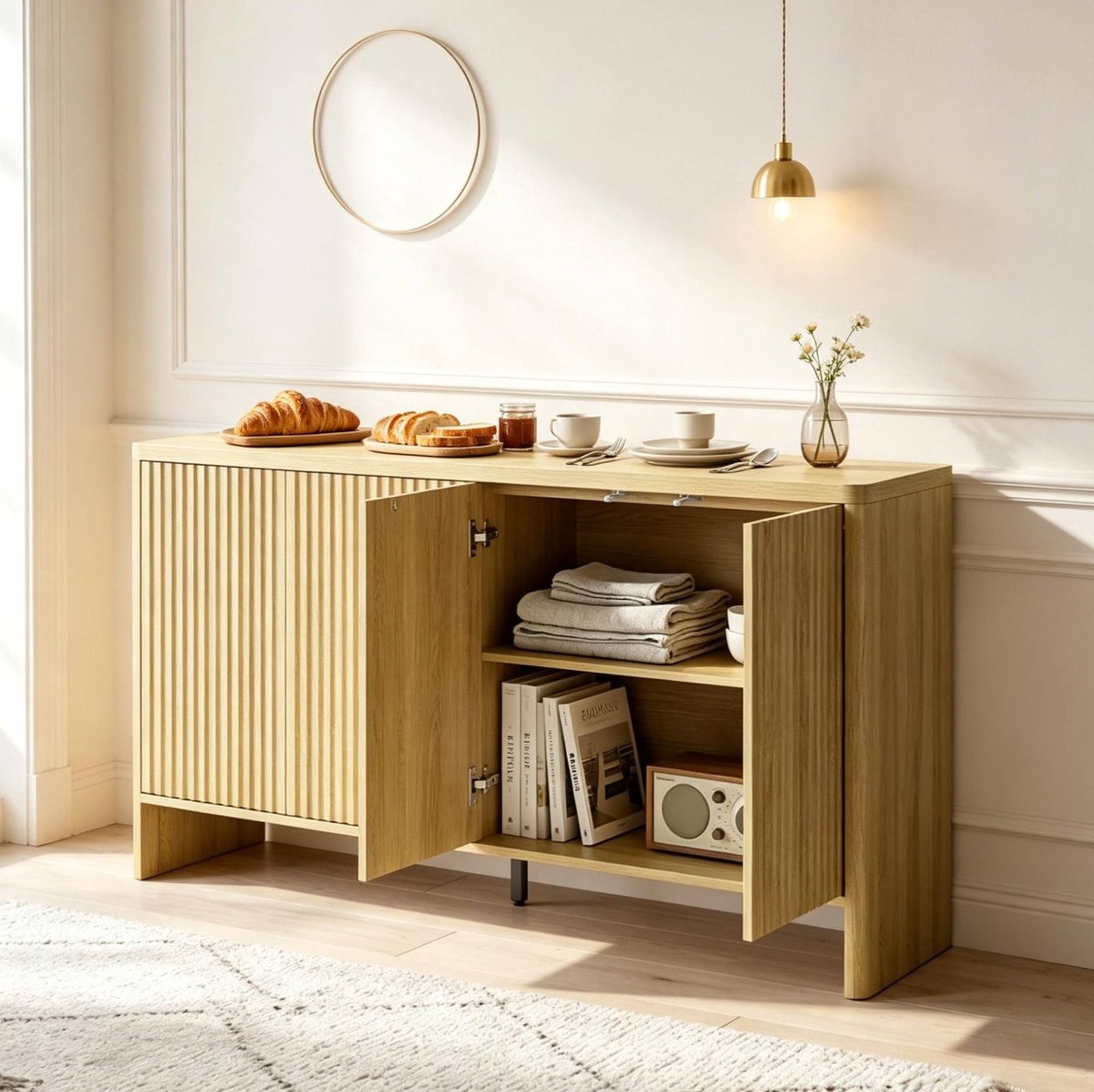 STILVORA Dressoir - Modern Design Met Verstelbare Planken - Voor Woonkamer, Eetkamer En Hal - MDF - Eiken - 147x40x77 Cm