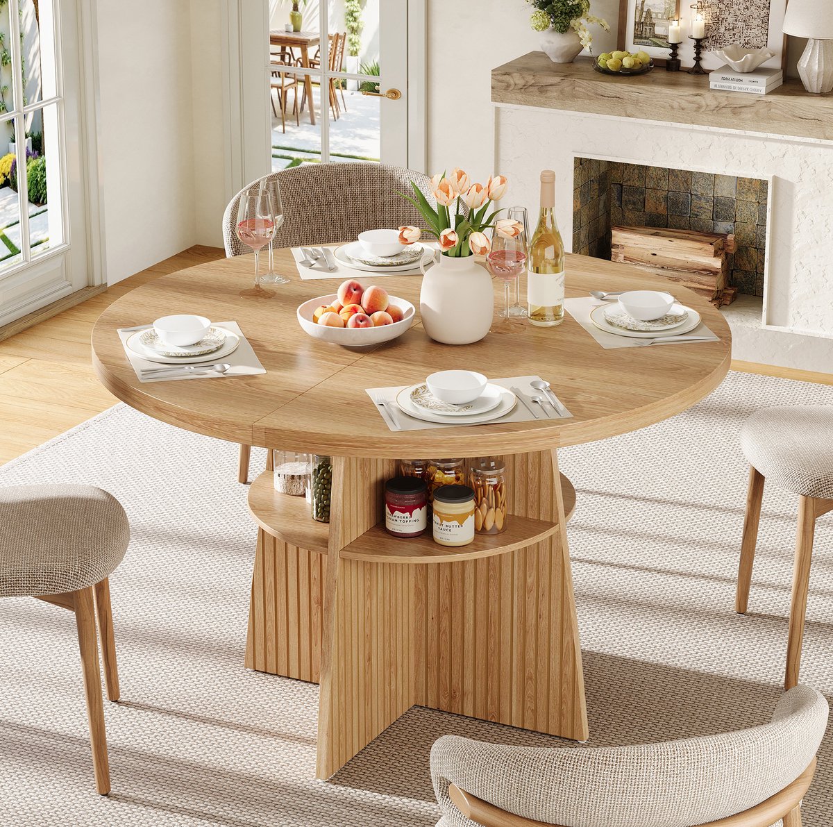 STILVORA Eettafel - Uitschuifbare Ronde Tafel Met Opbergplank - Voor Keuken En Eetkamer - Houtlook MDF - 110-150x110x77,5 Cm - Naturel