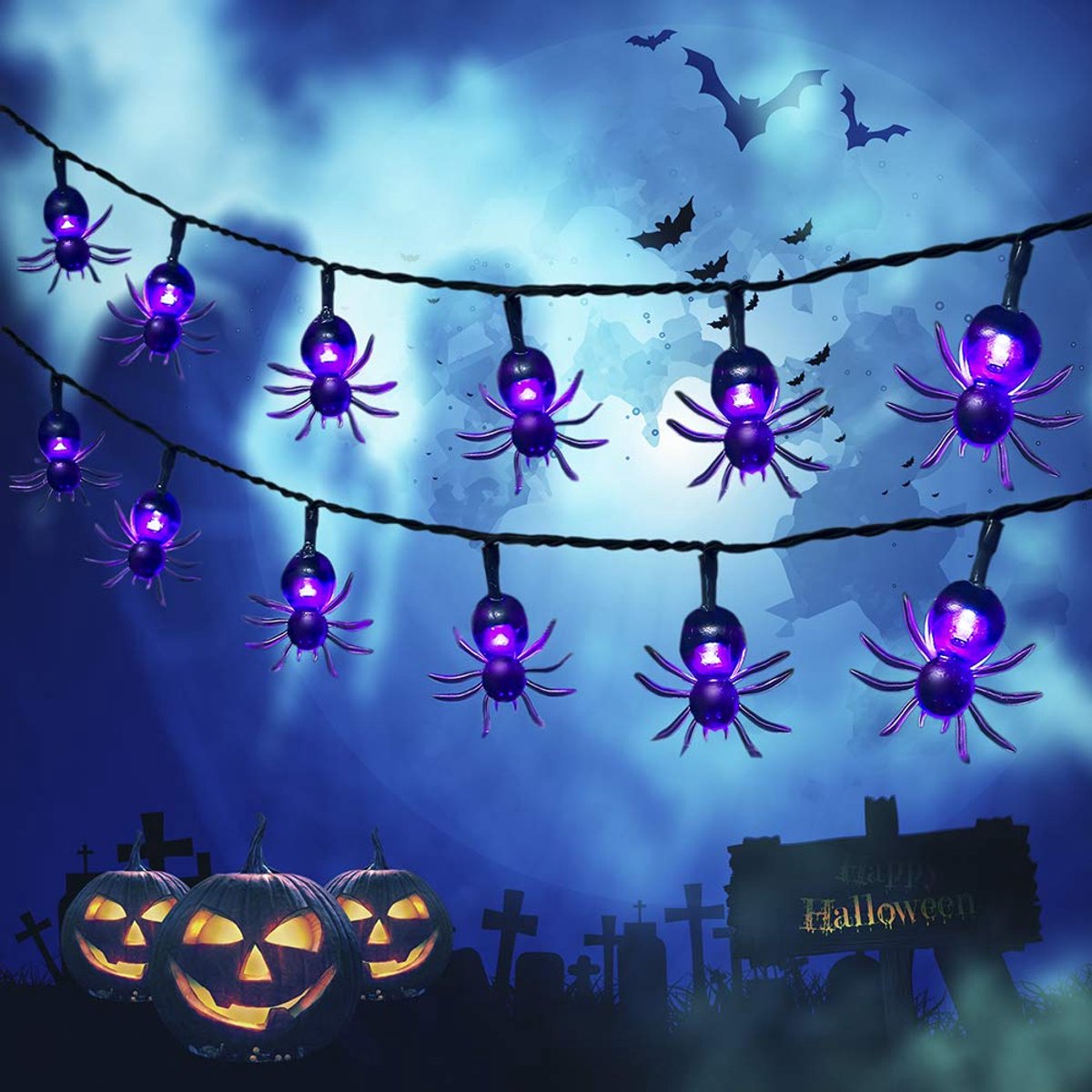 Namajunas - Halloween Decoratie - 2 Stuks Halloween Lichtsnoer 6.5M Spin - 60 LED Verlichting met 8 standen - Lichtsnoer Buiten Zonne Energie - Met 2 Pcs Zonnepaneel - Lichtslinger - Halloween Lichtslinger - Halloween Accesoires - Tuinverlichting