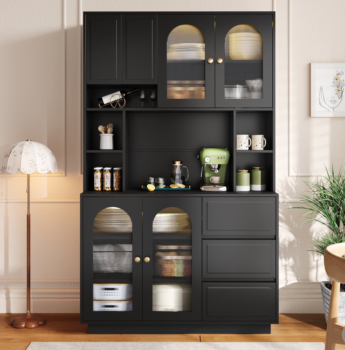 Hoge Keukenkast Met Boogvormige Acryldeuren En App-Gestuurde LED-Verlichting - Open Vakken En 3 Lades - MDF - Zwart - 106x30x175 Cm