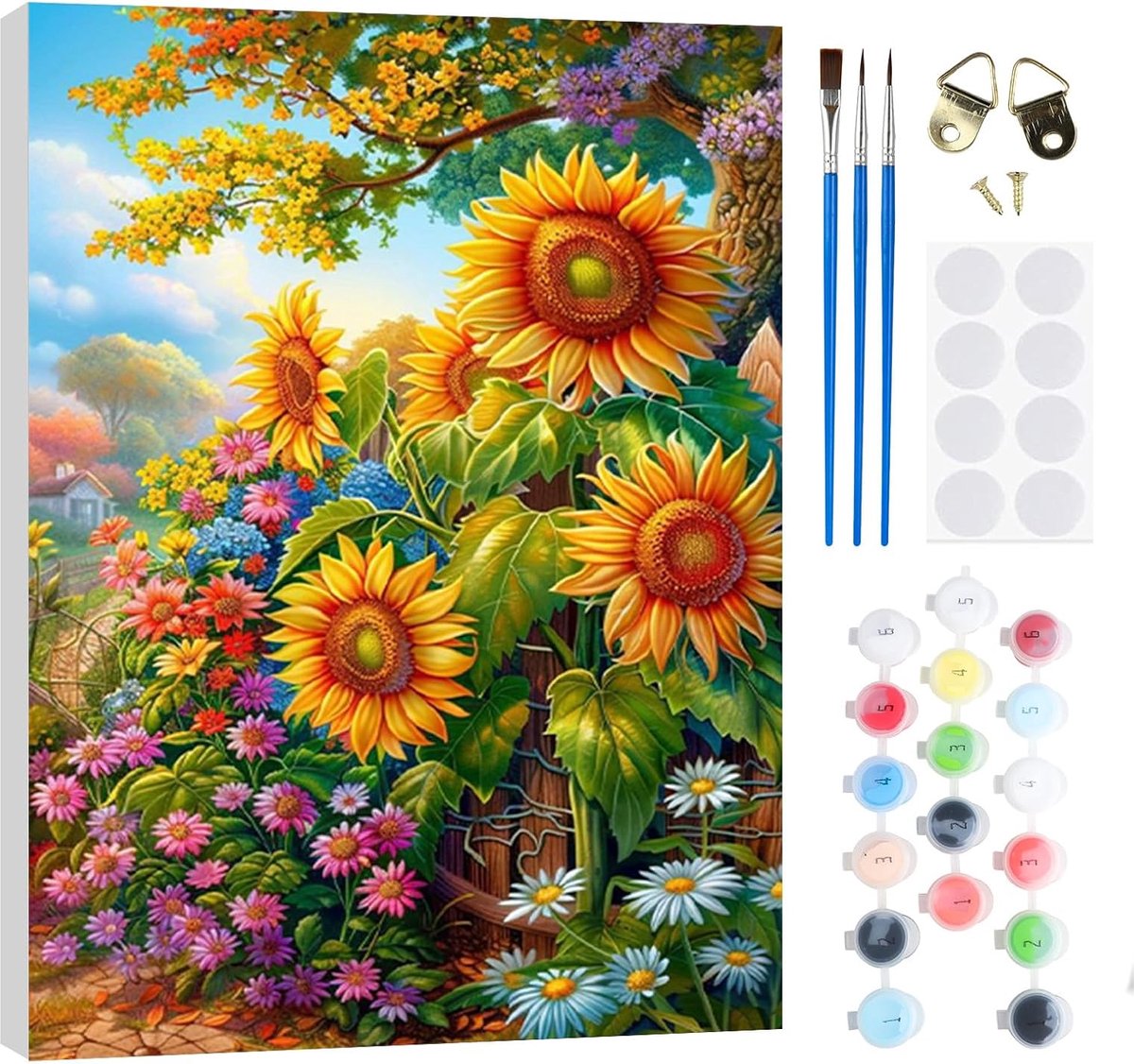 Schilderen op nummer zonnebloem 20 x 30 cm - complete set met olieverf en houten frame - leuk voor volwassenen en kinderen