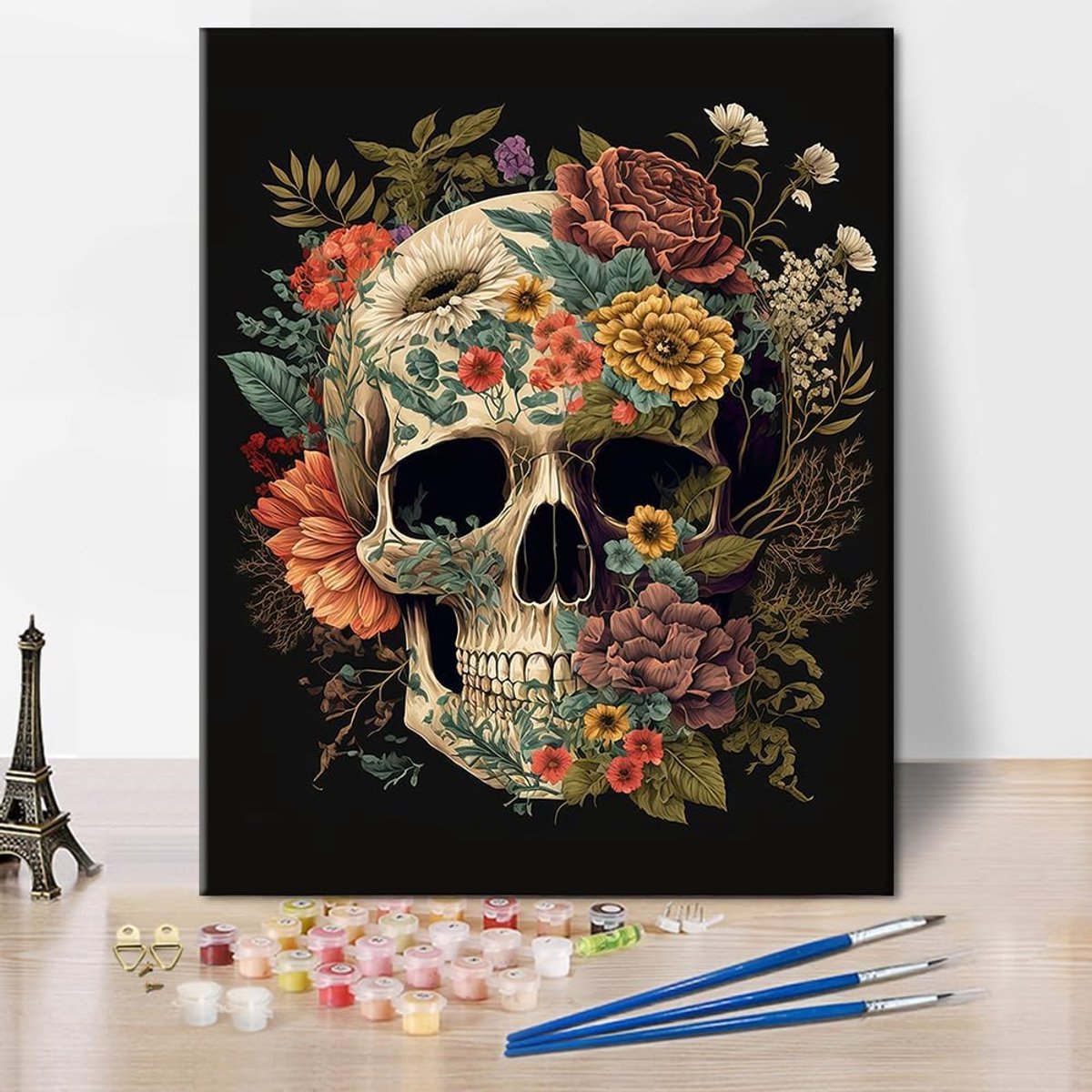 Schilderen op nummer kit 40 x 50 cm - doodskop, botten en bloemen - creatief voor volwassenen en kinderen - SnelShoppen