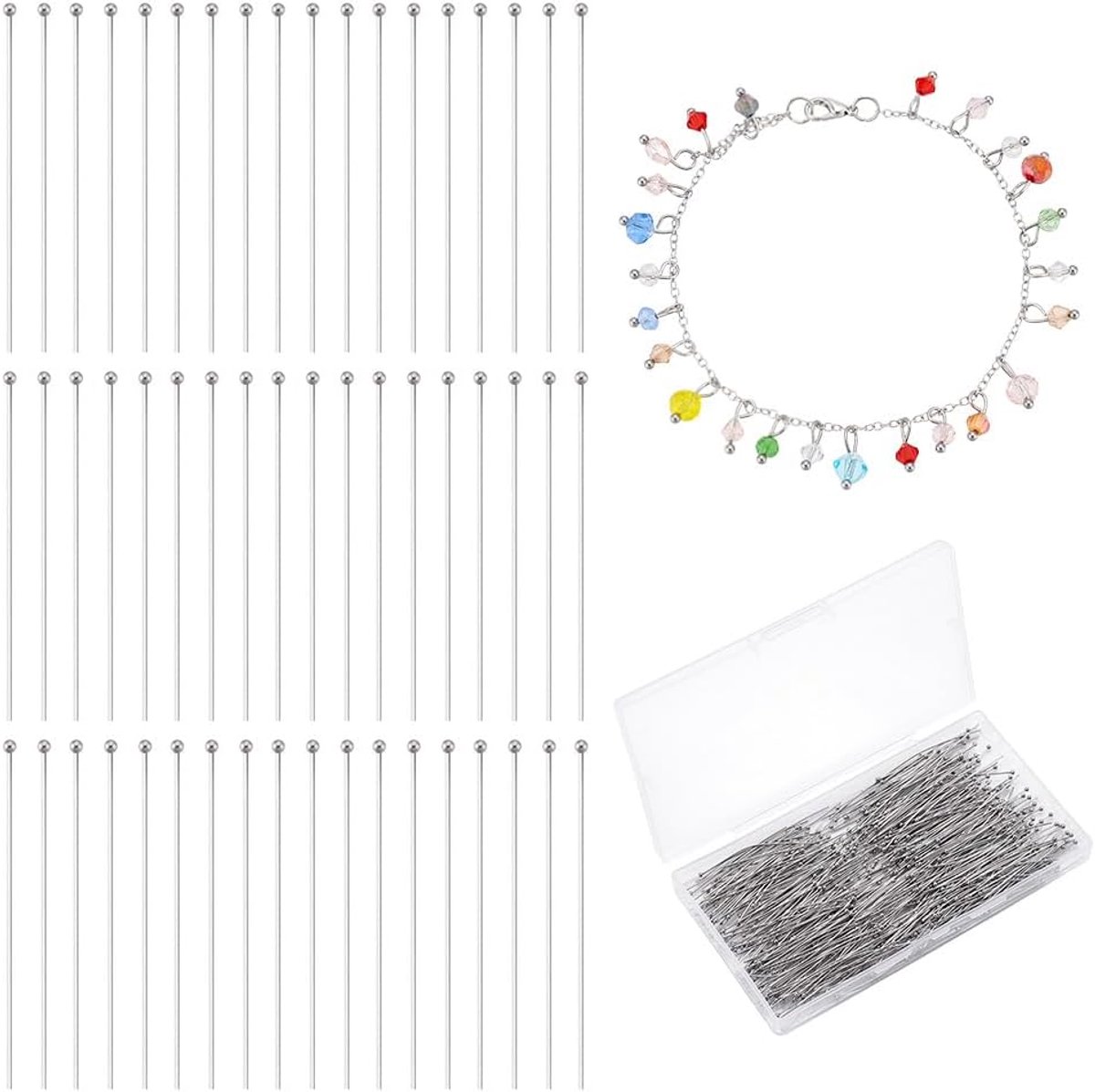 PandaHall 1000 stuks 50 mm 304 roestvrijstalen kogelkopspelden, hoofdspelden van 21 Guage/0,7 mm, buigbare hoofdpin voor oorbellen, hanger, armband, ketting, doe-het-zelf handwerk, roestvrij staal,