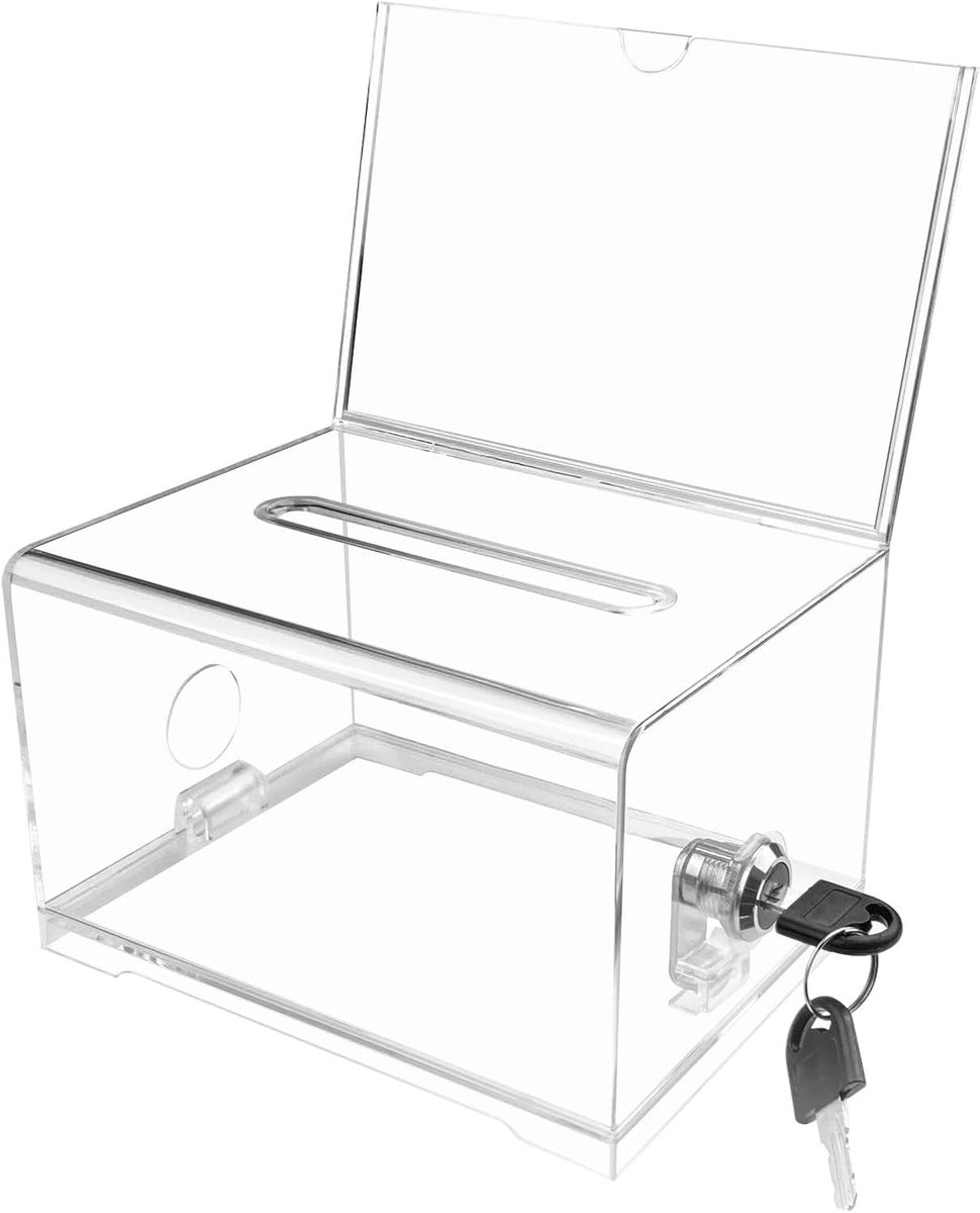 transparante urn, acryl, afsluitbaar, transparante spaarpot met hangslot van acryl, suggestiebox, afsluitbaar, voor visitekaartjes, stemmen