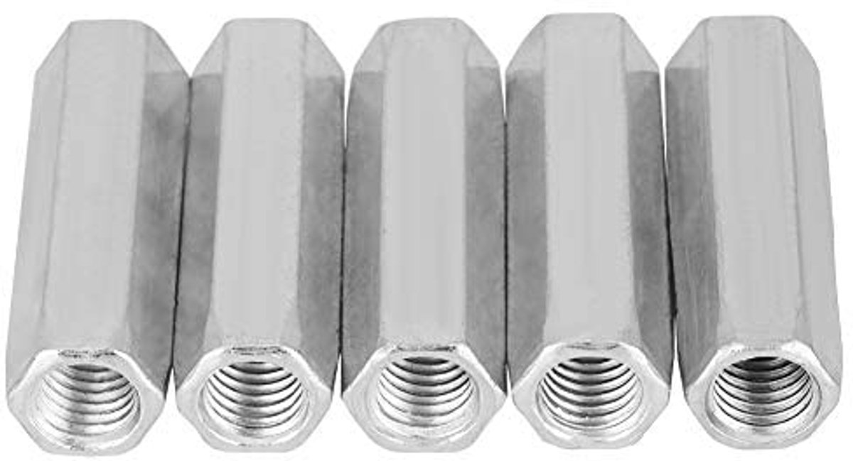 Zeskant lange stangmoer, 5 stuks verzinkt staal M10 x 40/50 lange staaf moer binnendraad zeskantige schroefdraad moer schroefdraadbevestigingen reparatieonderdelen (M10 x 50)