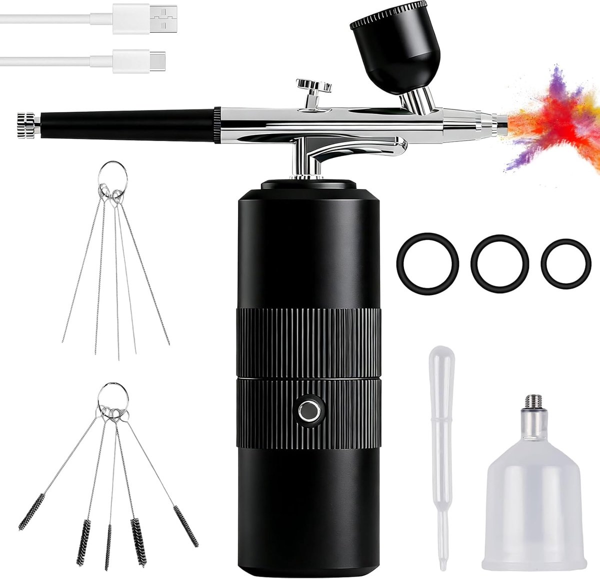 Set met compressor: spuitpistool draadloos, airbrush kit, draagbaar airbrushpistool met compressor, USB oplaadbare handheld spuitpistool set voor huidhydratatie, tattoo, make-up, nagels