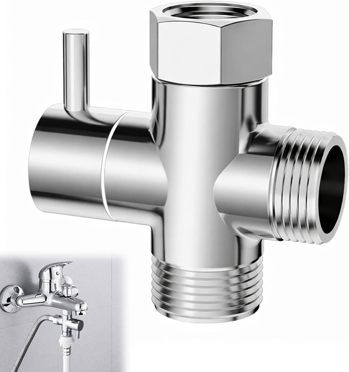 Doucheomschakelaar 3-weg G1/2 inch, massief messing aftakventiel voor handdouche, wateraansluitadapter, Y-verdeler 1/2 inch, verchroomde afwerking voor keuken en badkamer