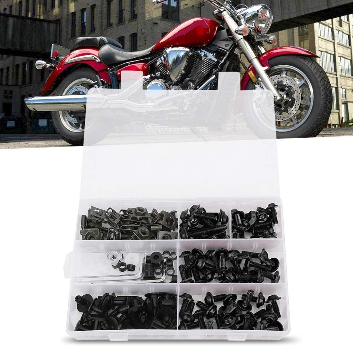 Motorfiets Kuipschroeven Set, 198-delig, M6 M5 Schroeven met Kunststof Pen, Zwart