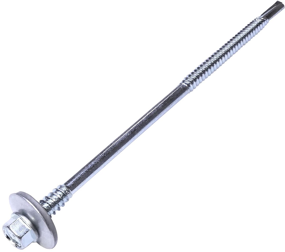 - C57567 - set met 10 zelfborende schroeven Ø 5,5 x 6 x 145 mm voor sandwichplaten van metaal op hout + afdichtring EPDM Ø19 mm - met zeskantkop 8 mm - DIN 7504K - van koolstofstaal