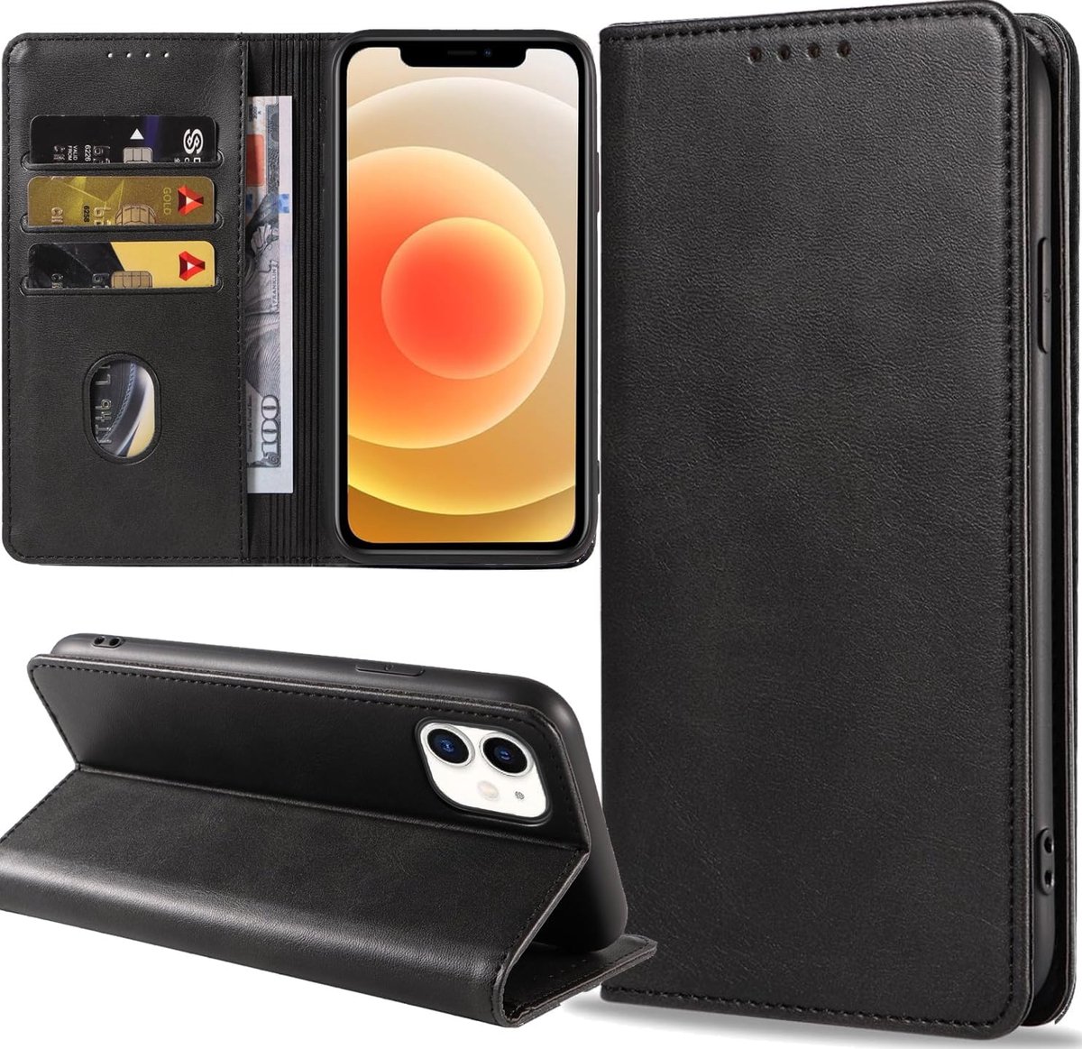 Hoes voor mobiele telefoon voor iPhone 12/iPhone 12 Pro, lederen beschermhoes, standfunctie, kaartenvak, portefeuille, klaphoes, iPhone 12/iPhone 12 Pro, flipcase, zwart