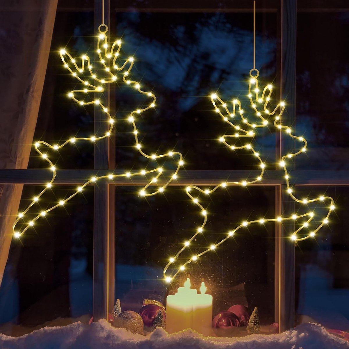 Rendierkerstdecoratie, lichtketting, 2 stuks 80 leds, werkt op batterijen, kerstverlichting, raamdecoratie met timer, 8 modi, kerstverlichting, decoratie voor ramen, balkon, warmwit