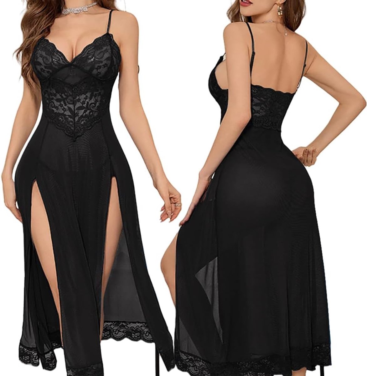 Lingerie dames V-hals negligé verstelbare spaghettibandjes lingerie jurk corsage nachthemd lange nachtkleding zijsplit negligé