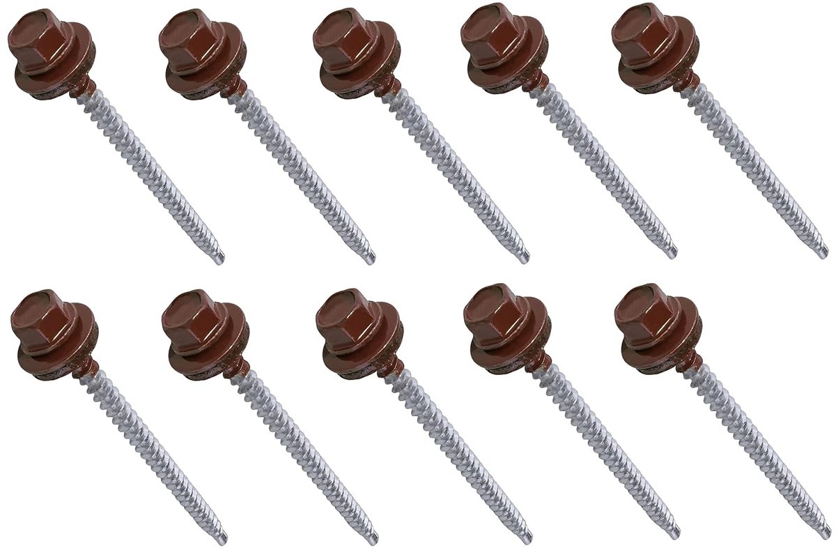 Zelfborende schroeven van metaal tot hout, Ø 4,8 x 70 mm + EPDM-afdichtring, gelakt in roestrood, RAL 3009, kopafdruk 8 mm, zeskant - van staal