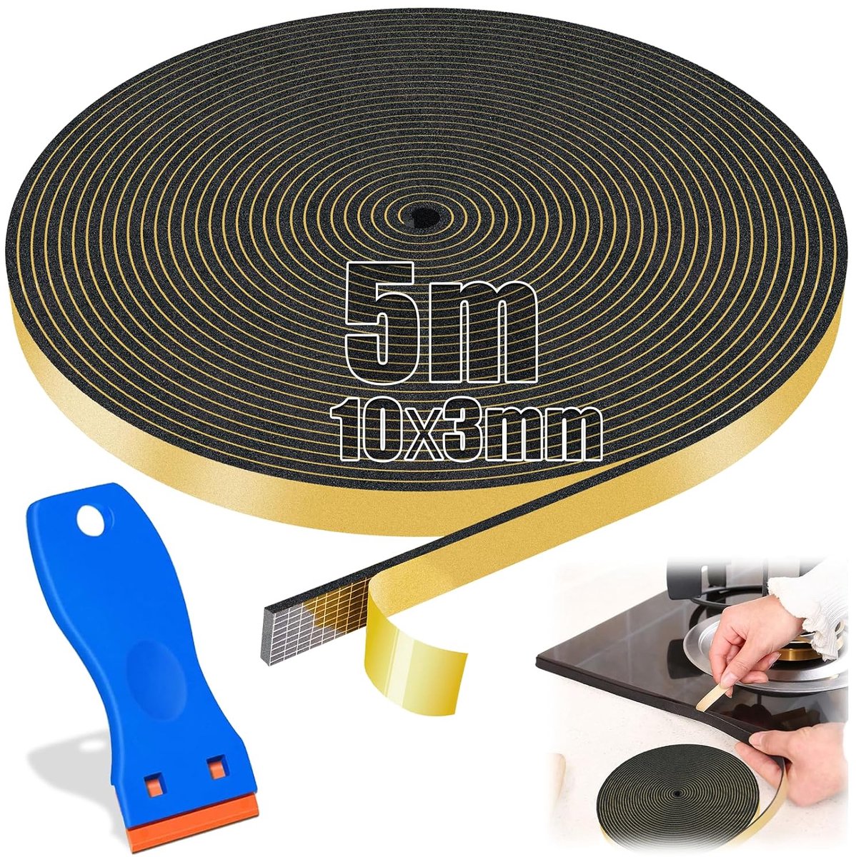 5m Afdichtende Tape Spoelbak 10mm x 3mm Fornuisblad Afdichtende Tape met Kleine Schaber Zelfklevende Dichtingstape Moosgummi Zelfklevend 3mm voor Kookplaat