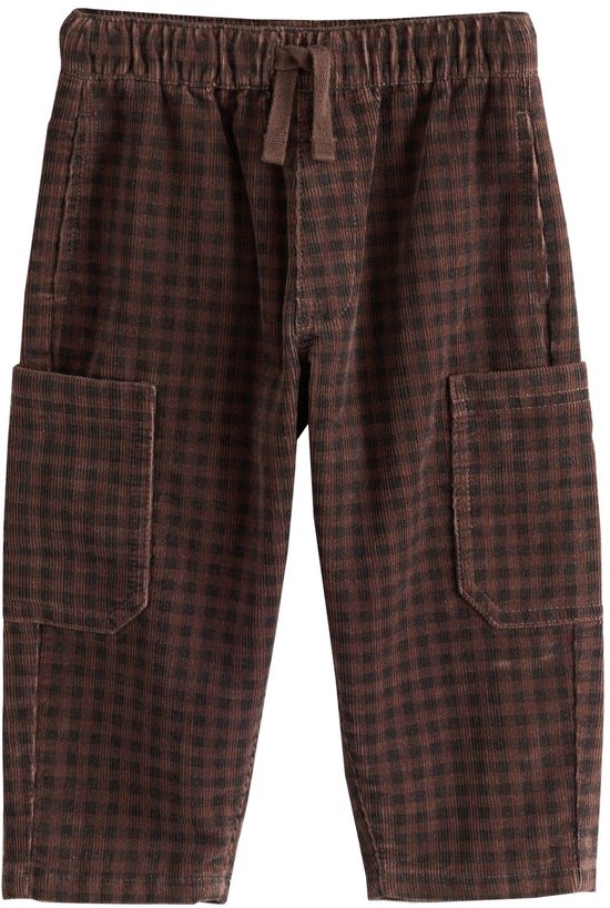 Bruine corduroy broek met ruitpatroon, elastische taille met aantrekkoord en cargo zakken.