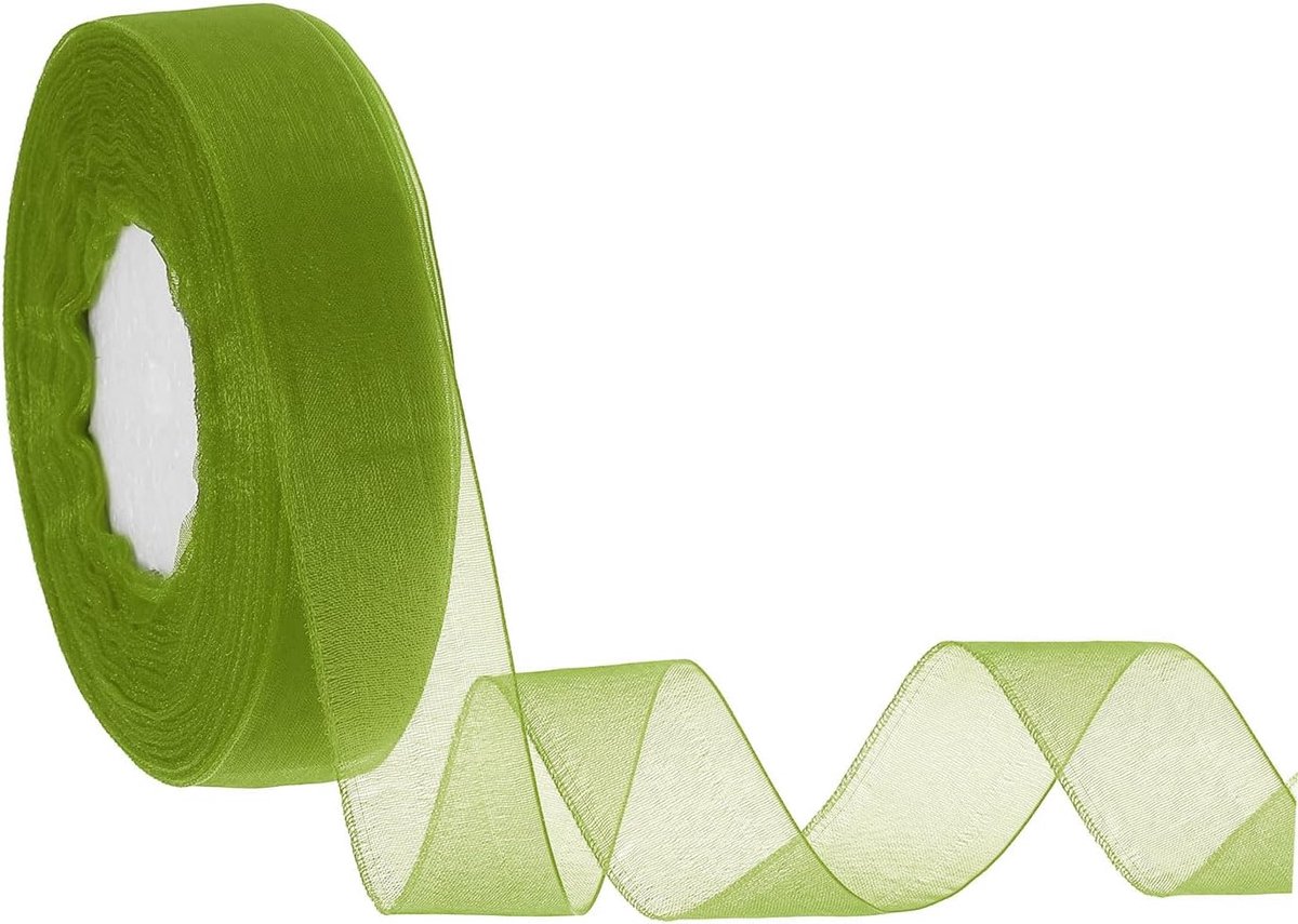 Transparant organza lint, 25 mm x 45 m, transparant, voor het verpakken van geschenken, bruiloftsdecoratie, bloemen, knutselen, Kerstmis, olijfgroen
