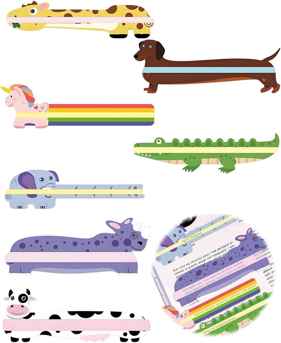 Bladwijzers met dieren, 7 stuks, 19 x 7 cm, leesband, helpt bij dyslexie en concentratieverbetering, voor kinderen, hulp voor leraren en mensen met dyslexie