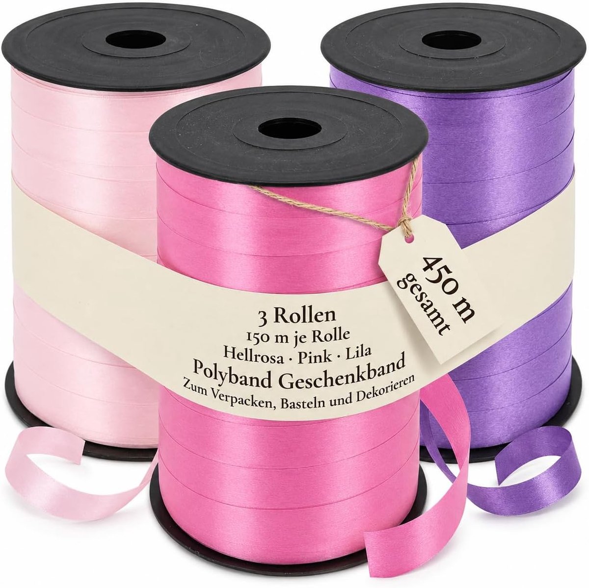 Strikken voor knutselen en verpakken - glanzend & mat gesorteerd (roze - pink - paars, 3 rollen cadeaulint elk 150m)