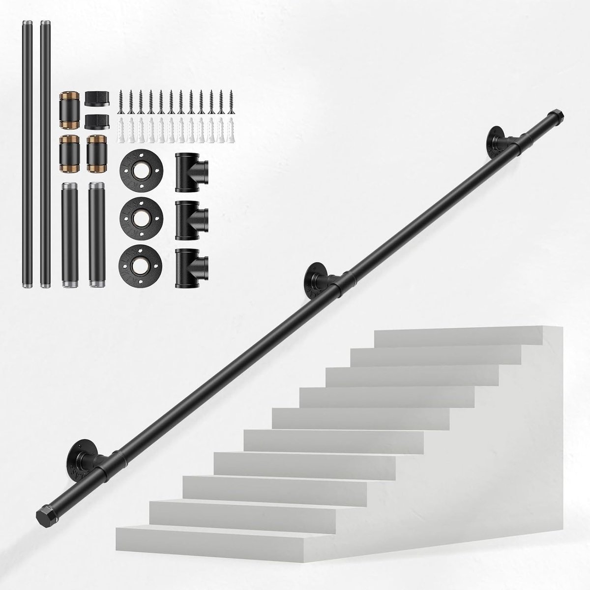 Leuningen voor trappen, Couleeur metalen reling wandgemonteerde leuning voor indoor trapleuning, veiligheid handrail antislip industriële smeedijzeren pijptrap voor slijtvast, corrosiebestendig (2 m)