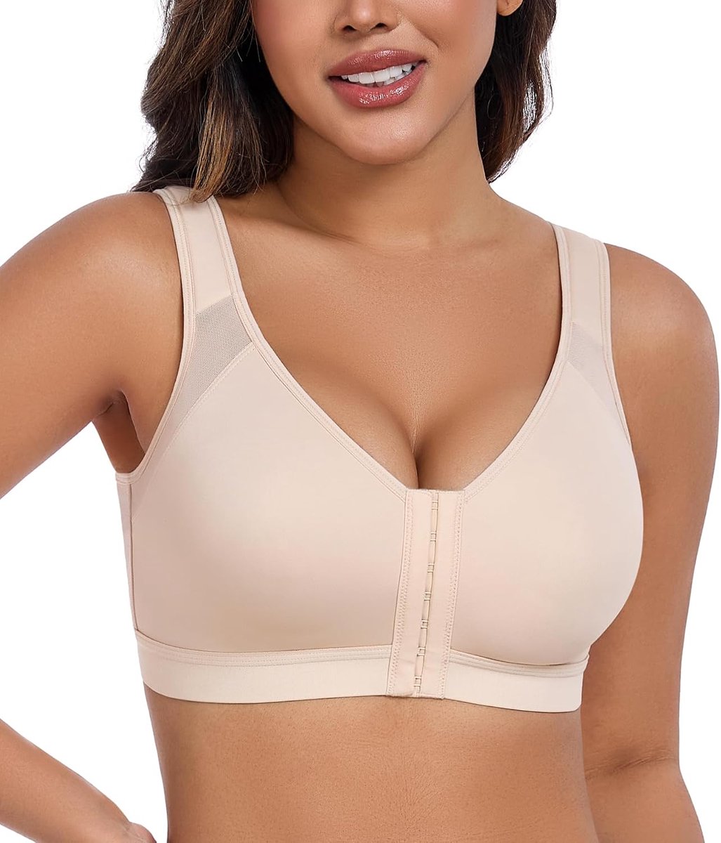 Basic beha voor dames, grote maten, sluiting voor, volledige cups, zachte stof, rugondersteuning, Beige, 105E