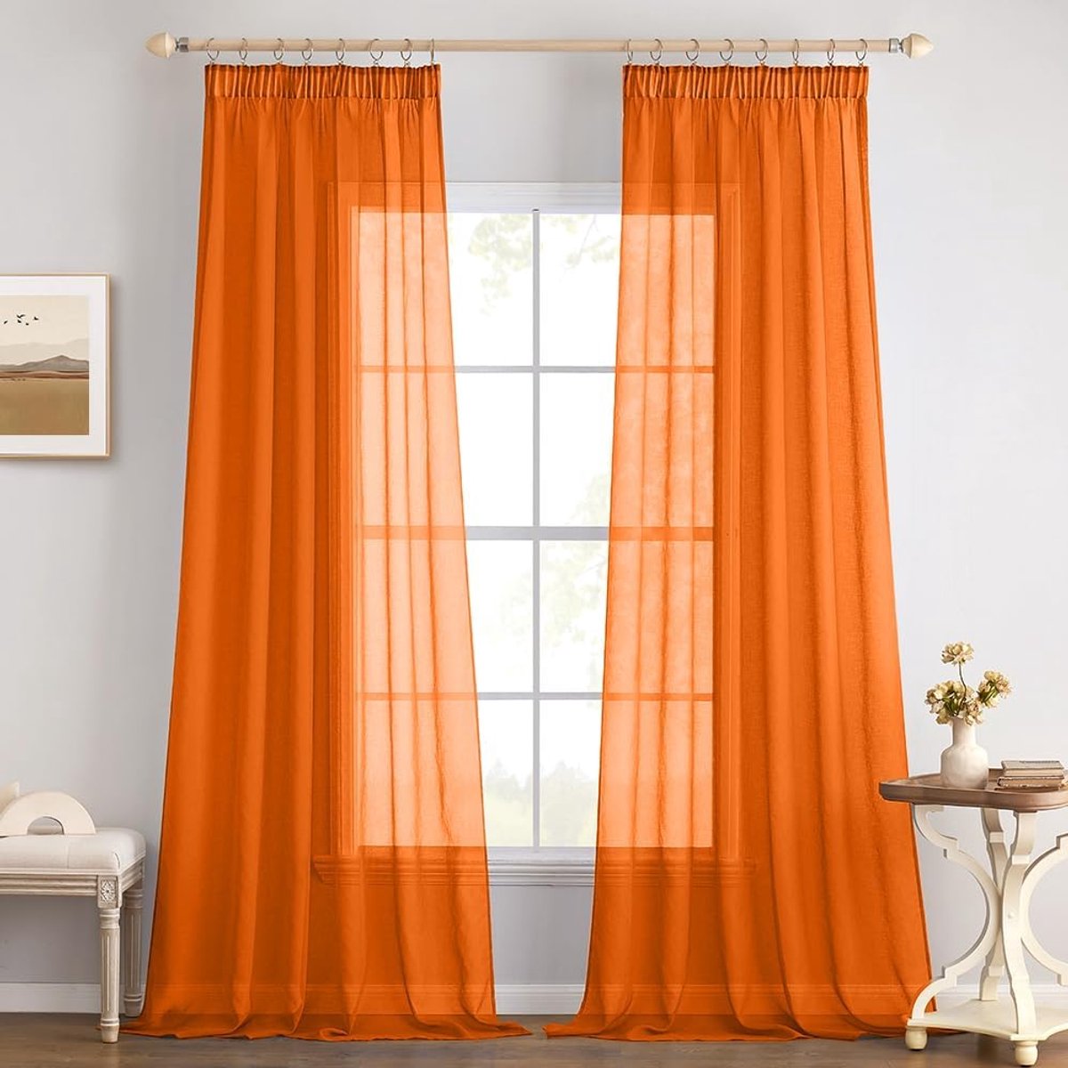 Gordijn met plooiband, set van 2 transparante voile, oranje, gordijnen voor railsysteem, woonkamer, luchtig, decoratief gordijn voor slaapkamer 140 x 260 cm (b x h)