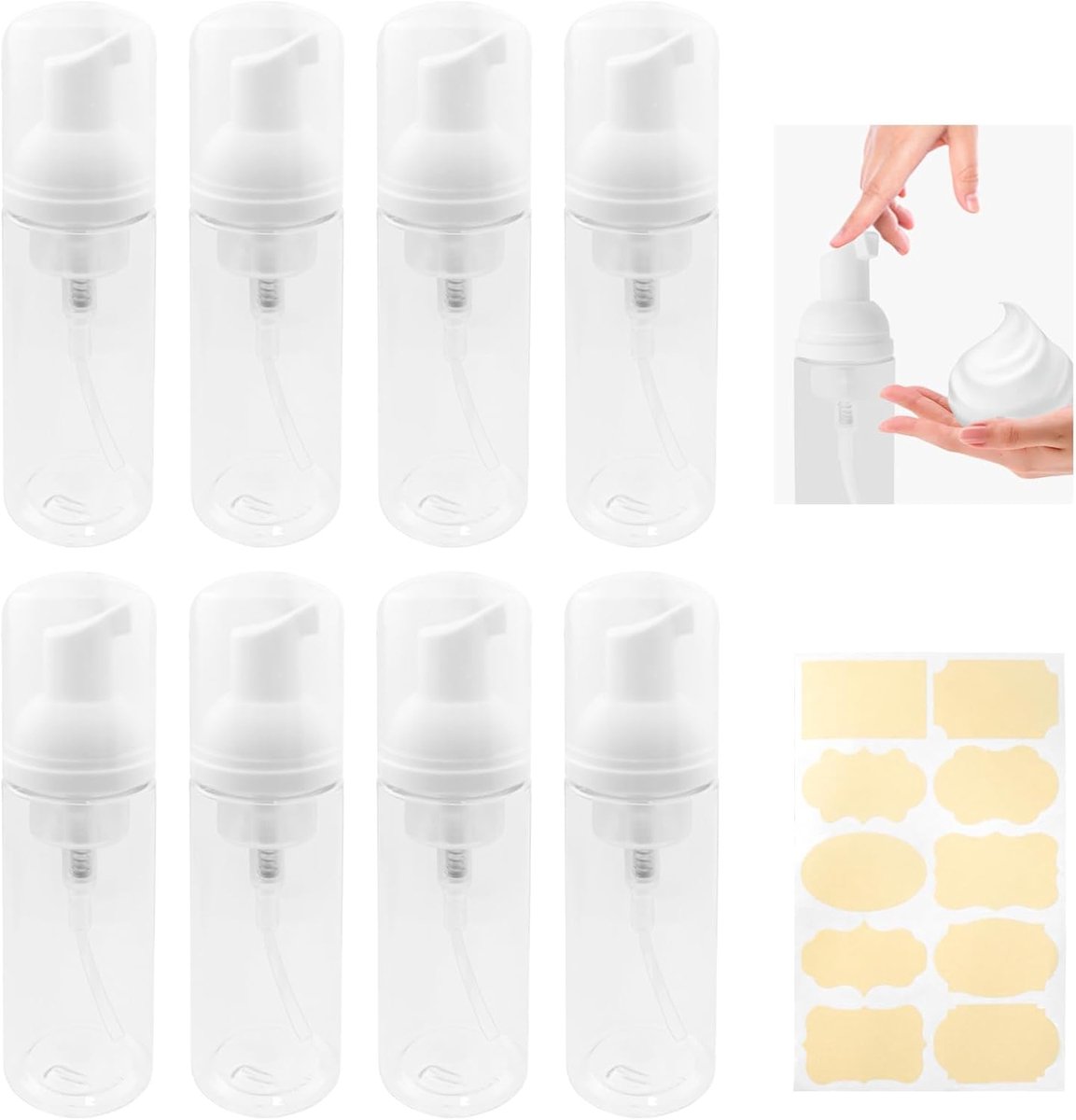 8 stuks schuimflessen, 1 etiket, kunststof schuimflessen voor reiniging, reizen, cosmetica, 60 ml