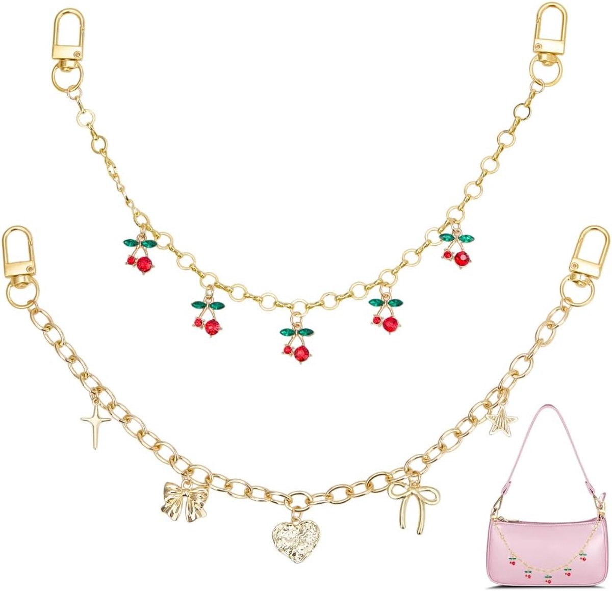 2 sets met 2 gouden tashangers, 32 cm, decoratieve ketting voor tas, dubbele gesp, schakelketting, sleutelhanger, accessoires met strik-hanger in hartvorm van kersen. p