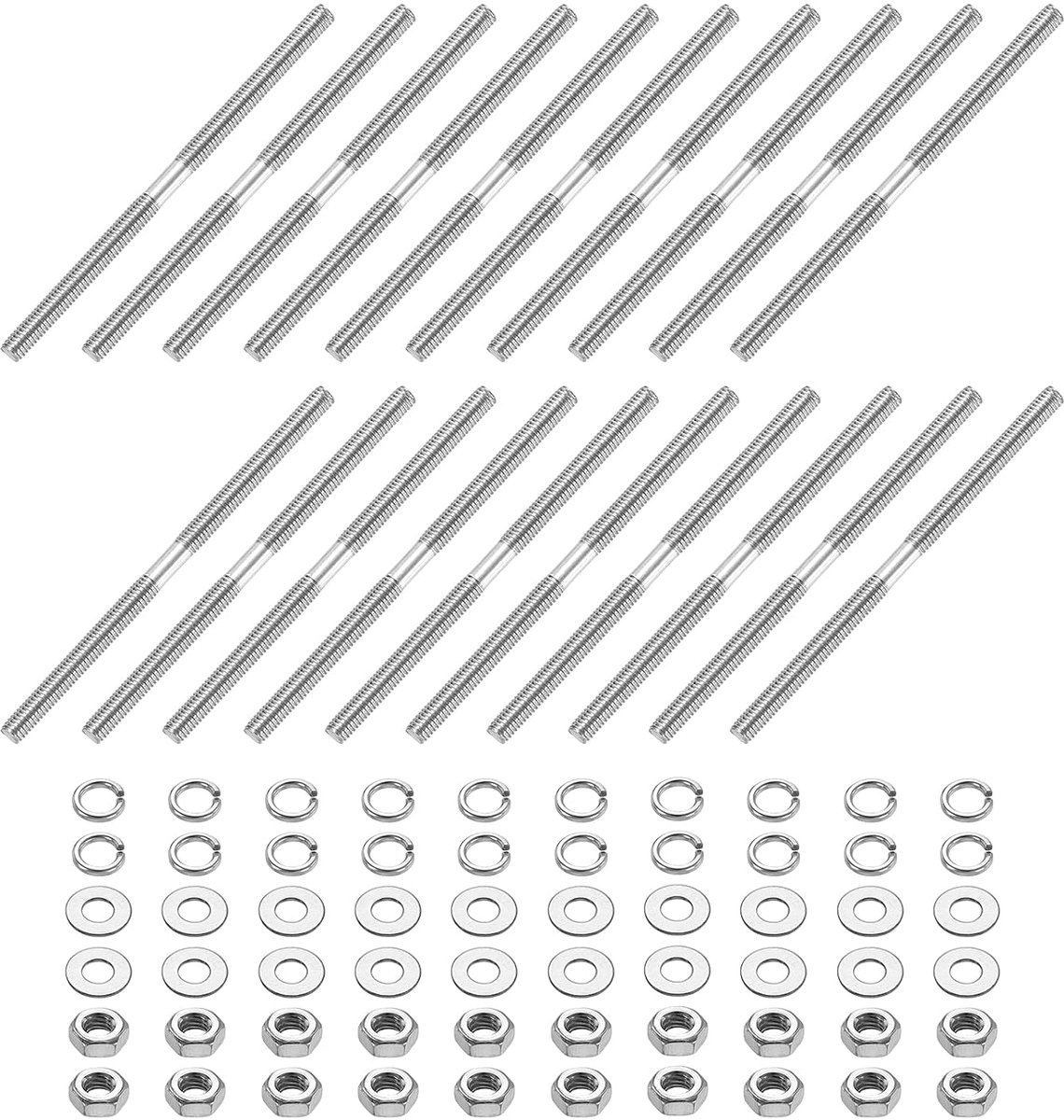 20 stuks dubbelzijdige draadstangen M3 x 55 mm 304 roestvrij staal dubbele draadstangen met moeren en sluitringen, veerringen, dubbele draadstang voor thuisonderhoud