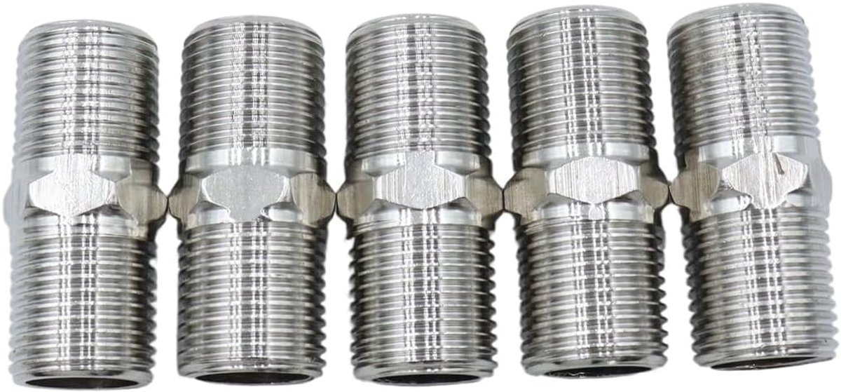 5PCS roestvrij staal hex dubbele tepels, 1 / 2 inch BSP mannelijke draad x 1 / 2 inch BSP mannelijke draad lengte 50mm, rechte verbinding pijpadapterfitting