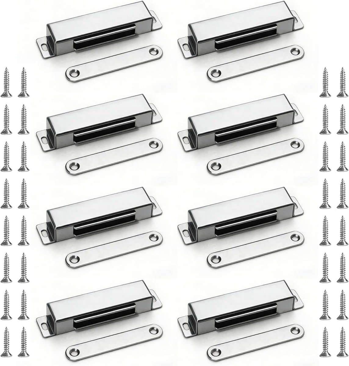 Magneetsnapper voor kast, magneetsluiting, kastmagneten, 8 stuks, sterke deurmagneten, 40 kg, roestvrijstalen magneet, kastdeur voor kastdeuren, keukenkasten en kledingkasten (zilver)