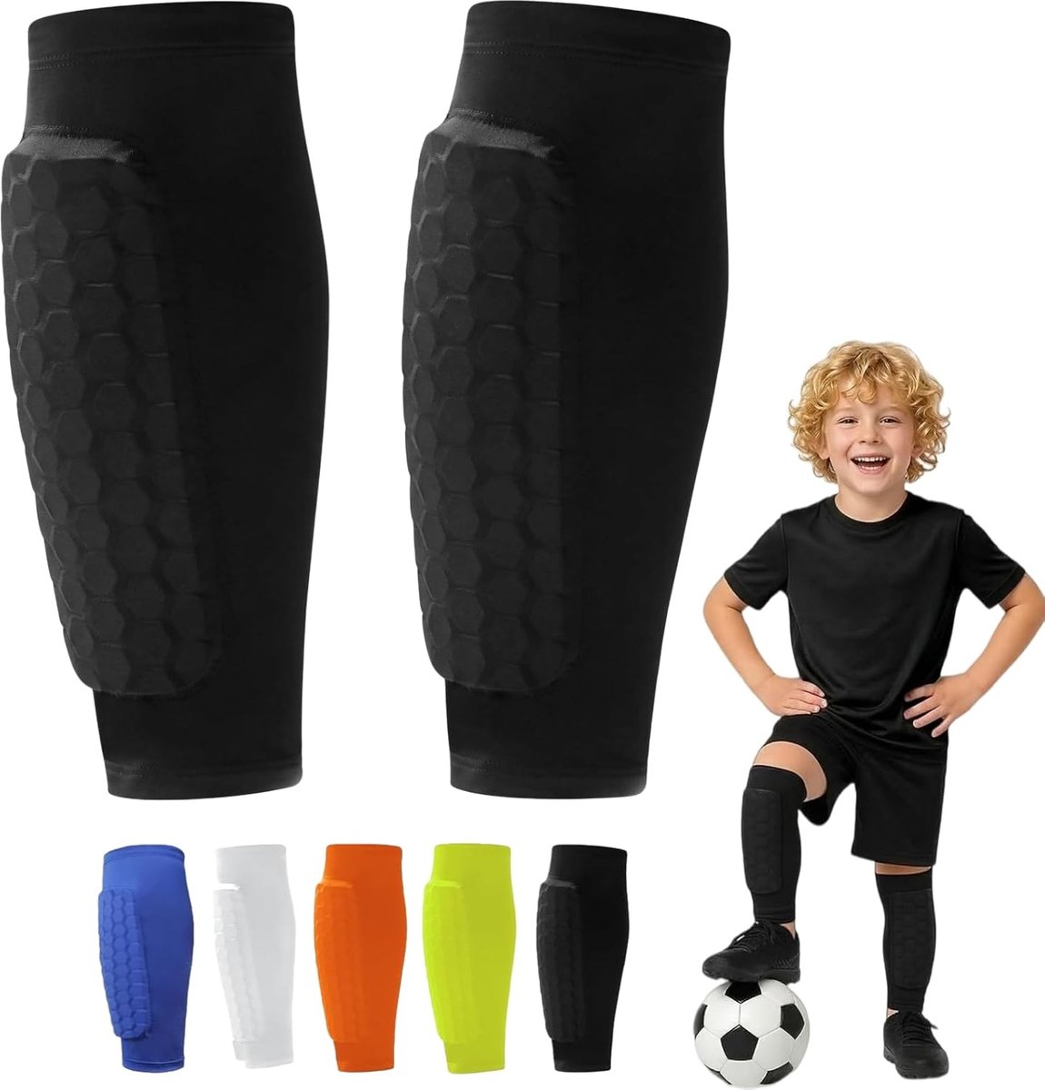 Scheenbeschermers voor Kinderen en Volwassenen, Ademend en Antislip, Voetbal met Honingraatstructuur, professionele schokbestendige met compressie