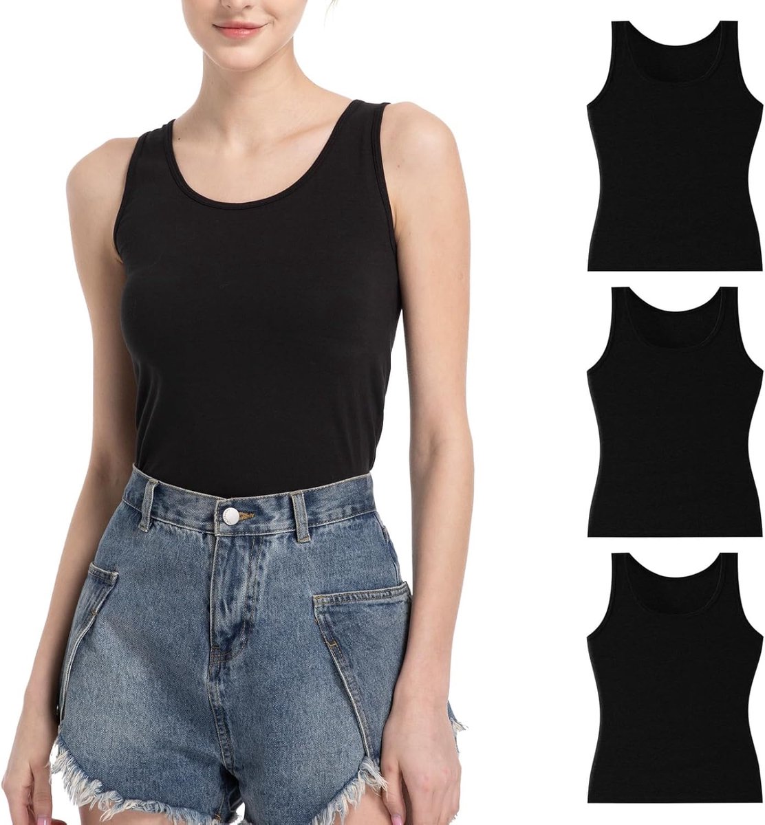 Mouwloze Tanktop Comfortabele Slim Fit Top van Katoen met Stretch Ademend Cami Onderhemd met Brede Bandjes Casual Zomertop voor Laagjes of Alleen Set van 3