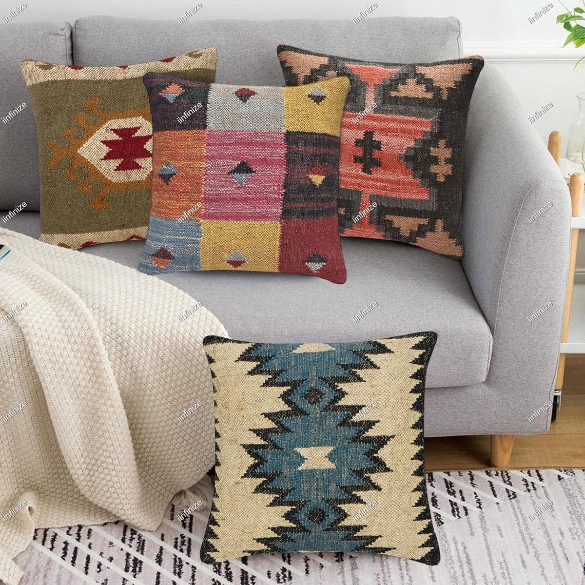 Kussenhoes 45x45 cm - Marokkaanse wol en jute - Handgeweven kilim ontwerp - Perfect voor binnen en buiten - SnelShoppen