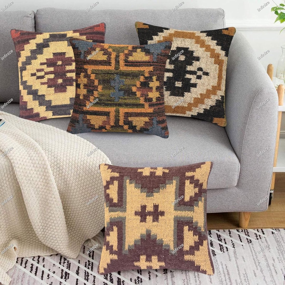Kussenhoezen 45x45 cm - Traditioneel handgeweven wol-jute - Geometrisch patroon - Perfect voor binnengebruik - SnelShoppen