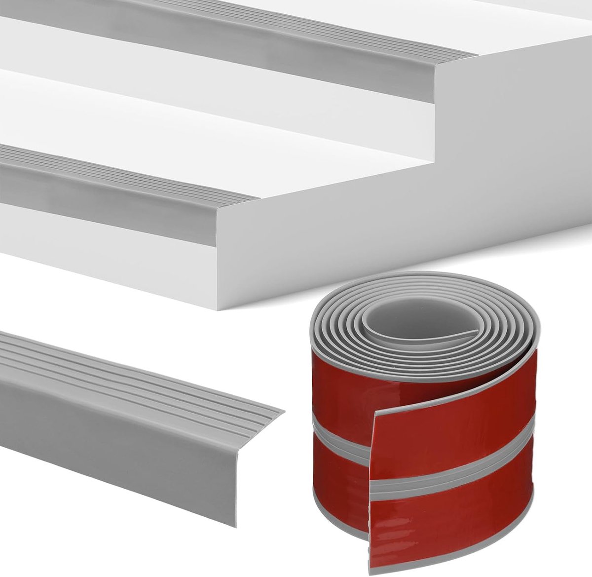 Traprandlijst 7FT vinyl rubber trapbescherming, antislip, zelfklevende traprandlijst, strepen, traprandbescherming voor binnen en buiten trappen (grijs, 4,5 cm)