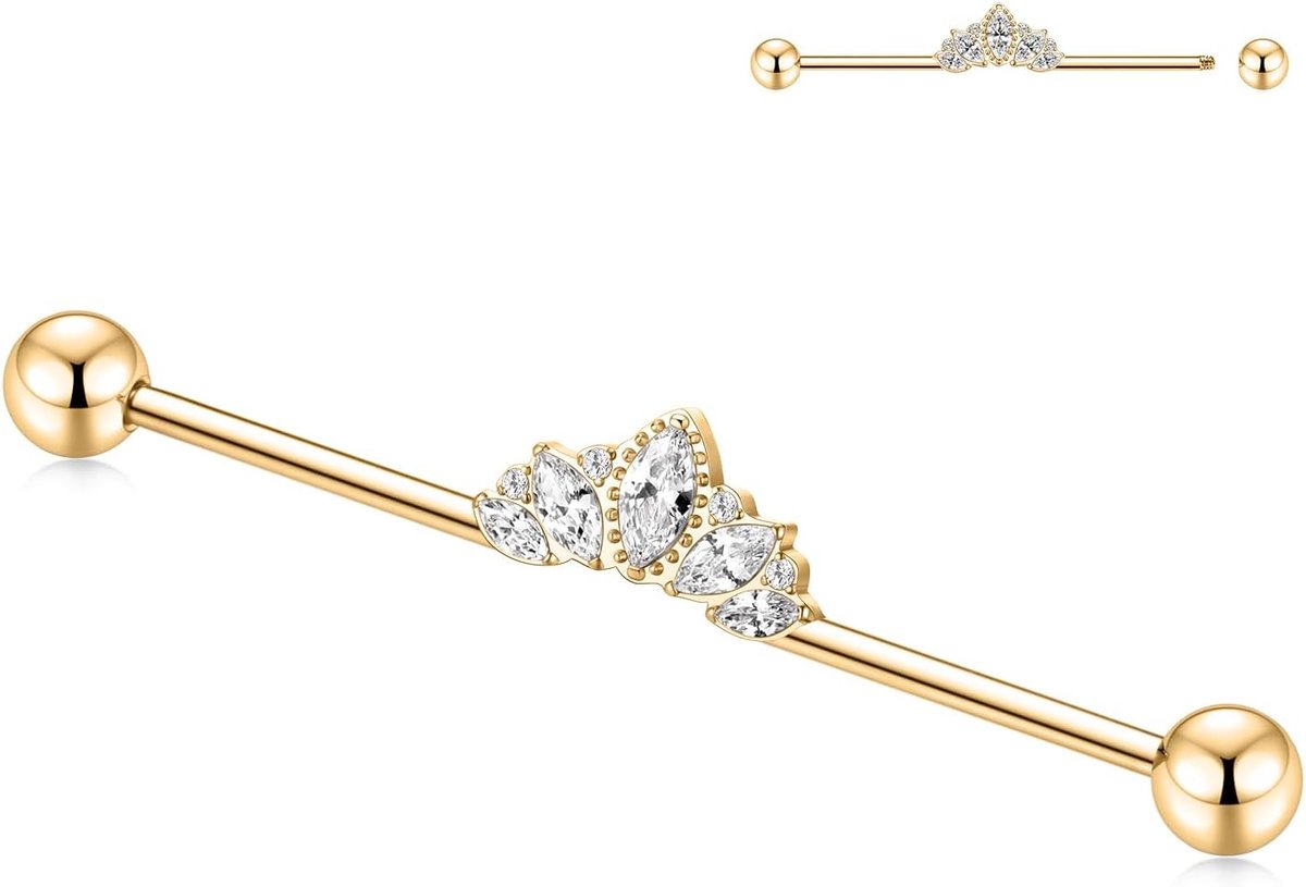 Hengkaixuan Industriële barbell 14G chirurgisch staal industriële barbell 38 mm lange industriële barbell met verharde zirkoniastenen voor dames en heren