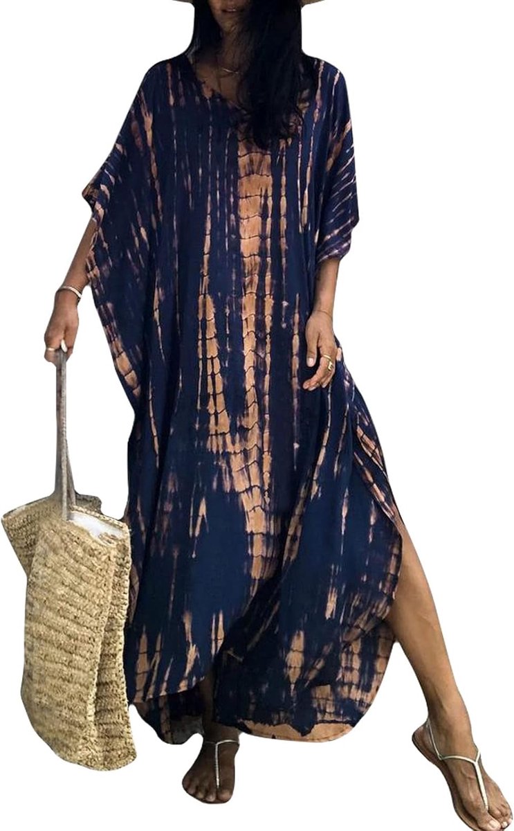 Kaftanjurk voor dames, ruime, losse, lange kaftans met korte mouwen, tuniek, kimono voor dagelijks gebruik, badkleding voor op het strand, badpak, loungewear, badjassen, Tibetaans Blauw, one size