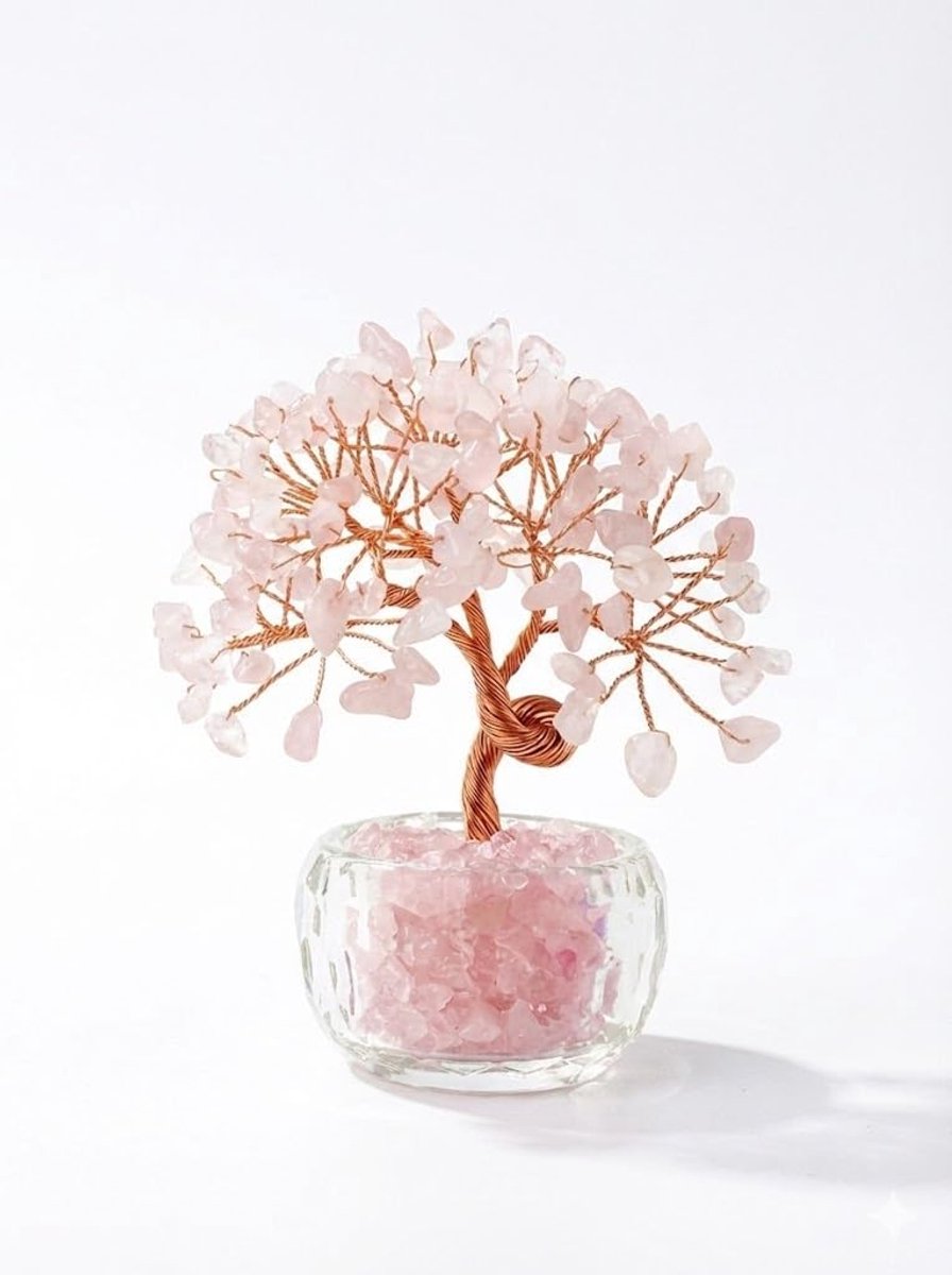 Shui Mini-levensboom van kleurrijk glas, geluksfiguur met transparante sokkel, geldboom met verstelbare koperen takken voor woondecoratie (roze)