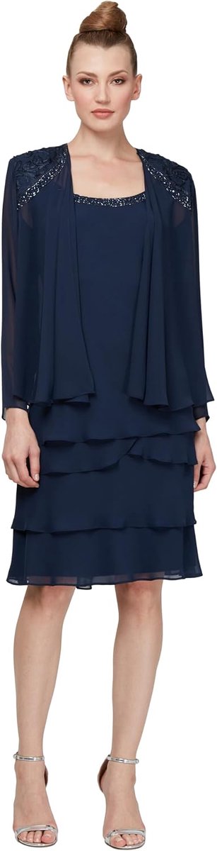 Fashions Women's Mother of The Bride Tiered Jacket Dress with Shoulder Embellishment, Navy, 8