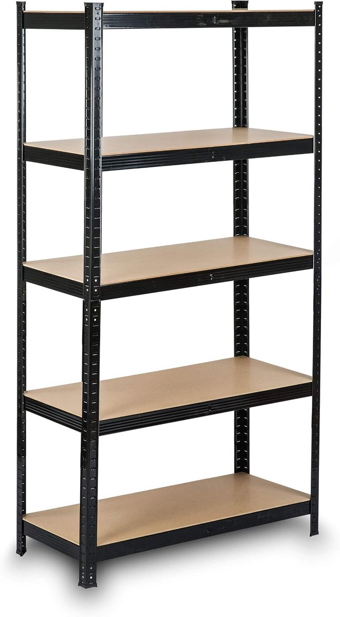 Rek kelderrek, opbergrek, zwaar belastbaar, met stalen frame, metaal, belastbaar tot 1325 kg, 5 planken, 180 x 90 x 40 cm, zwart