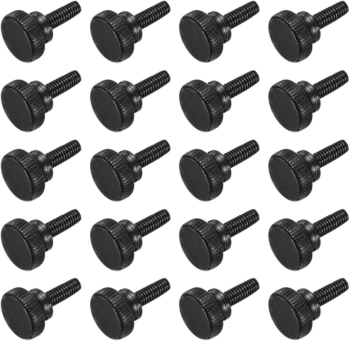20 stuks gekartelde kippenschroeven M4 x 14 mm, kippenschroeven met platte kop van zwart staal, metrische kartelbouten met inkepingen, voor handmatig vastdraaien, schroefdraadbevestigingen